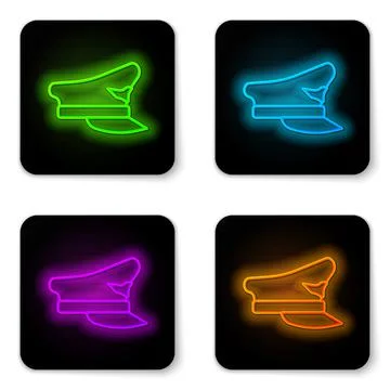 Glowing neon line Pilot hat icon isolated on white background. Black square Stock Illustration