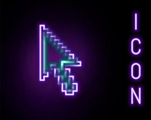Glowing neon line Pixel arrow cursor icon isolated on black background. Colorful 스톡 일러스트