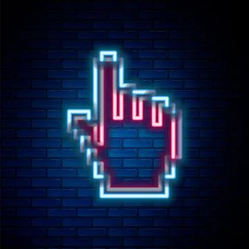 Glowing neon line Pixel hand cursor icon isolated on brick wall background Illustrazione stock