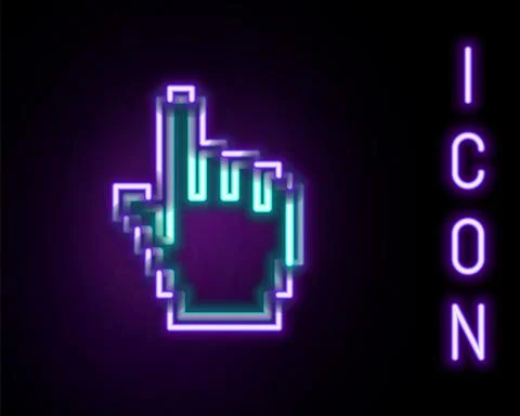 Glowing neon line Pixel hand cursor icon isolated on black background. Pointer Stock Illustration