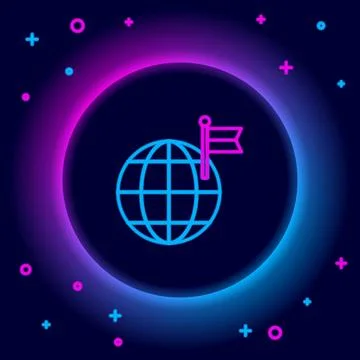Glowing neon line Planet with flag icon isolated on black background. Victo.. Stock Illustration
