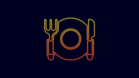 Glowing neon line Plate, fork and knife icon isolated on blue background Video stock 227219452