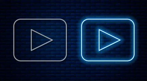 Glowing neon line Play button icon isolated on brick wall background.  Vector Stock Illustration