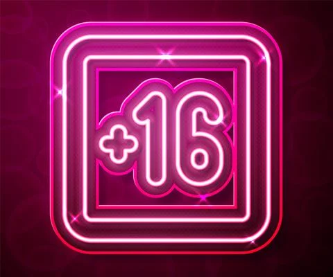 Glowing neon line Plus 16 movie icon isolated on red background. Adult content Stock Illustration