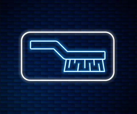 Glowing neon line Pool table brush icon isolated on brick wall background Illustrazione stock