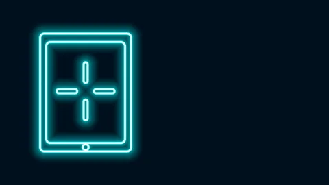 Glowing neon line Portable video game console icon isolated on black background Video stock 141825665