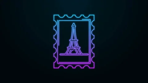 Glowing neon line Postal stamp and Eiffel tower icon isolated on black Stock Footage 139949664