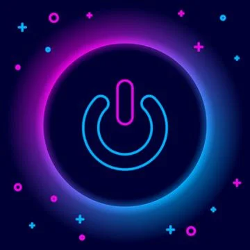 Glowing neon line Power button icon isolated on black background. Start sig.. Illustrazione stock