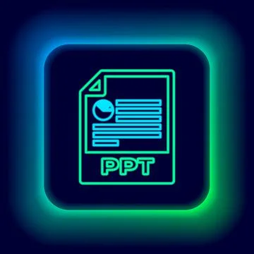 Glowing neon line PPT file document. Download ppt button icon isolated on black Illustrazione stock