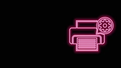 Glowing neon line Printer and gear icon isolated on black background. Adjusting Stock Footage 140821965