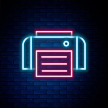 Glowing neon line Printer icon isolated on brick wall background. Colorful Stock Illustration