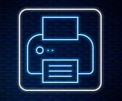 Glowing neon line Printer icon isolated on brick wall background. Vector Illustrazione stock