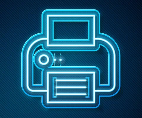 Glowing neon line Printer icon isolated on blue background. Vector 스톡 일러스트