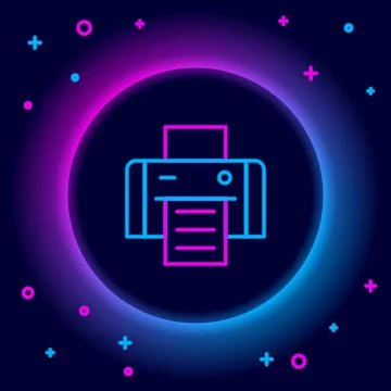 Glowing neon line Printer icon isolated on black background. Colorful outline Stock Illustration