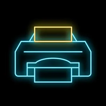 Glowing neon line printer icon isolated on black background. Vector illustr.. Stock Illustration