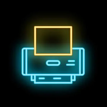 Glowing neon line printer icon isolated on black background, vector illustrat Stock Illustration