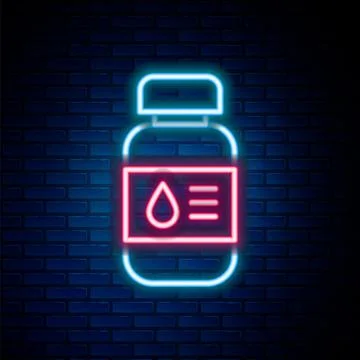 Glowing neon line Printer ink bottle icon isolated on brick wall background Stock Illustration
