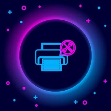 Glowing neon line Printer with screwdriver and wrench icon isolated on black Stock Illustration