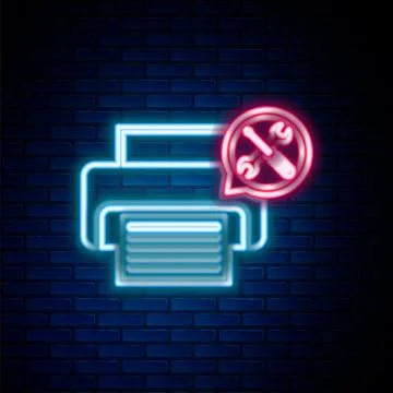 Glowing neon line Printer with screwdriver and wrench icon isolated on bric.. Illustrazione stock