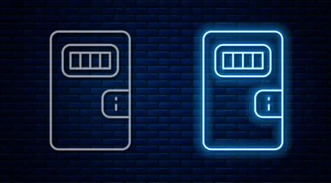 Glowing neon line Prison cell door with grill window icon isolated on brick wall Stock Illustration