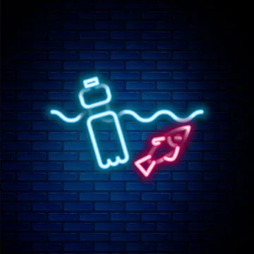 Glowing neon line The problem of pollution of the ocean icon isolated on brick Stock Illustration