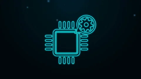 Glowing neon line Processor and gear icon isolated on black background. CPU Stock Footage 139466411