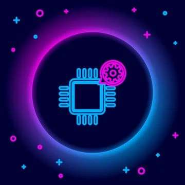 Glowing neon line Processor and gear icon isolated on black background. CPU イラスト素材