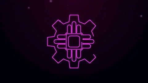 Glowing neon line Processor icon isolated on purple background. CPU, central Stock Footage 139782747