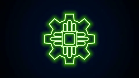 Glowing neon line Processor icon isolated on black background. CPU, central Stock Footage 142173078