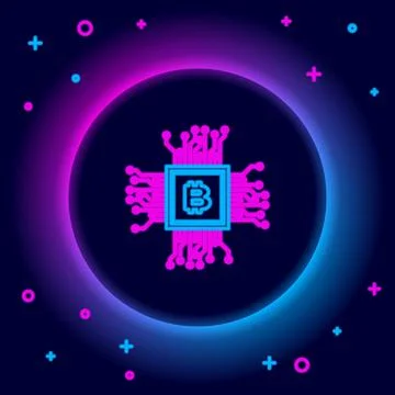 Glowing neon line Processor icon isolated on black background. CPU, central イラスト素材