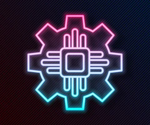 Glowing neon line Processor icon isolated on black background. CPU, central 스톡 일러스트