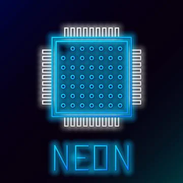 Glowing neon line Processor icon isolated on black background. CPU, central イラスト素材