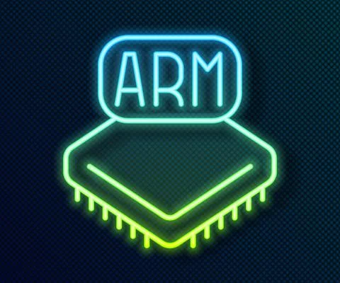 Glowing neon line Processor icon isolated on black background. CPU, central 스톡 일러스트