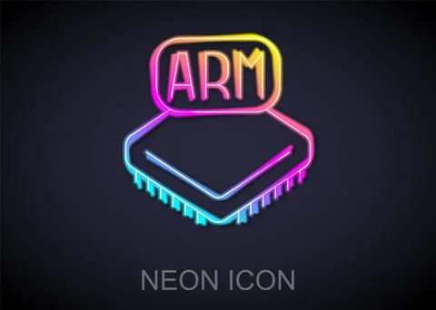 Glowing neon line Processor icon isolated on black background. CPU, central イラスト素材