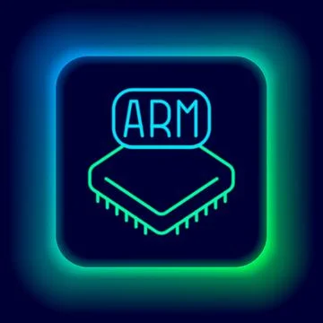 Glowing neon line Processor icon isolated on black background. CPU, central.. イラスト素材