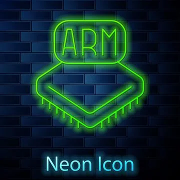 Glowing neon line Processor icon isolated on brick wall background. CPU, ce.. 库存插图