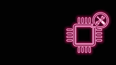 Glowing neon line Processor with screwdriver and wrench icon isolated on black Stock Footage 140890297