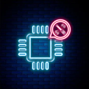 Glowing neon line Processor with screwdriver and wrench icon isolated on brick Illustrazione stock