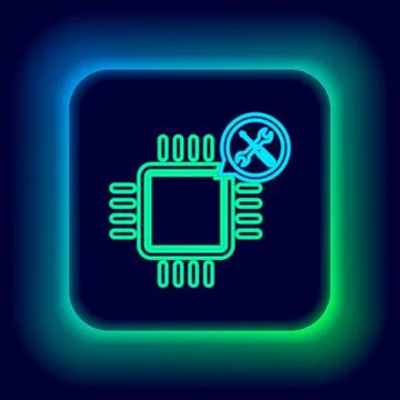 Glowing neon line Processor with screwdriver and wrench icon isolated on black Illustrazione stock