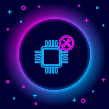Glowing neon line Processor with screwdriver and wrench icon isolated on black Stockillustratie
