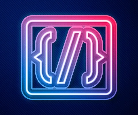 Glowing neon line Programming language syntax icon isolated on blue background Stock Illustration
