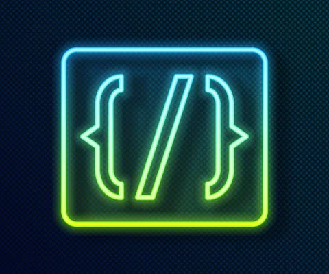 Glowing neon line Programming language syntax icon isolated on black background Illustrazione stock