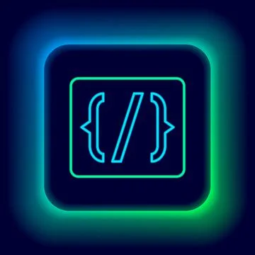 Glowing neon line Programming language syntax icon isolated on black background Stock Illustration