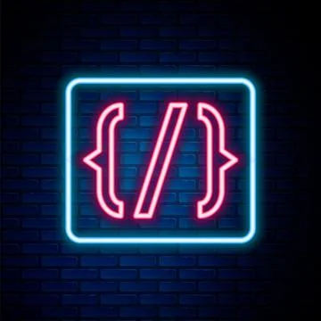 Glowing neon line Programming language syntax icon isolated on brick wall Stockillustratie