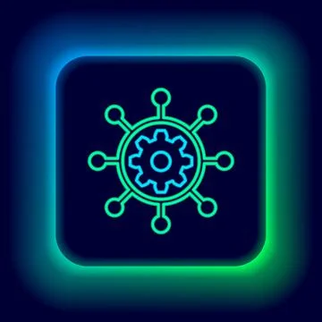 Glowing neon line Project management icon isolated on black background. Hub and Illustrazione stock