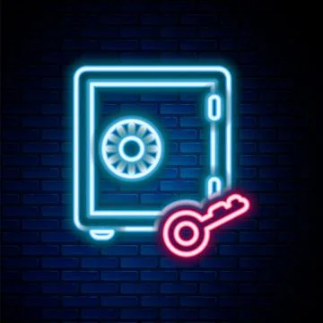 Glowing neon line Proof of stake icon isolated on brick wall background Stock Illustration