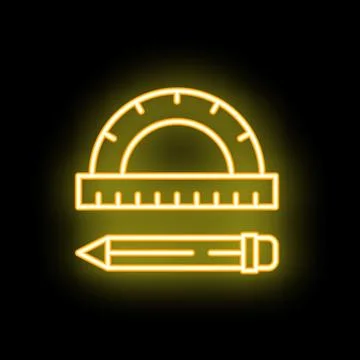Glowing neon line protractor and pencil icon on a black background Stock Illustration