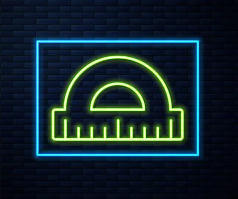 Glowing neon line Protractor grid for measuring degrees icon isolated on brick Stock Illustration