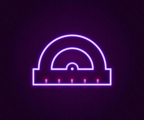 Glowing neon line Protractor grid for measuring degrees icon isolated on black Stock Illustration