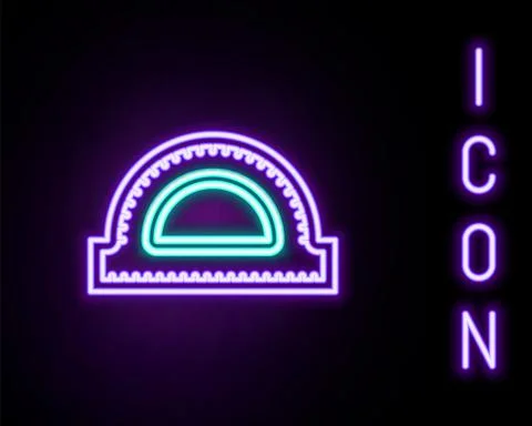 Glowing neon line Protractor grid for measuring degrees icon isolated on black Stock Illustration